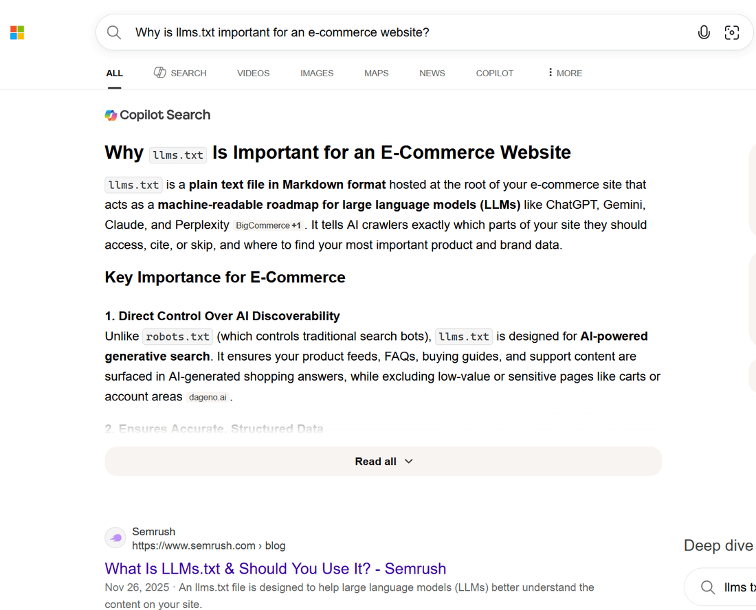 Bing Copilot Search explaining why llms.txt is important for an e-commerce website
