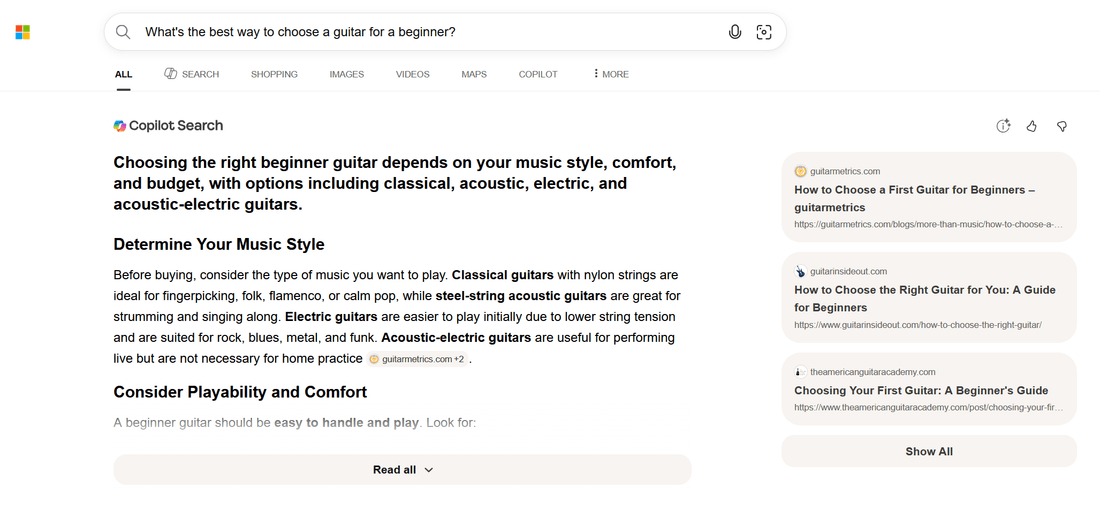 Bing Copilot Search answering how to choose a beginner guitar with links to commercial guitar stores