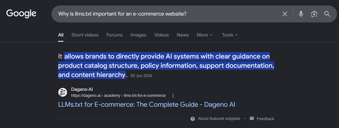 Google AI answer: llms.txt lets brands give AI clear guidance on catalog structure, policies and content hierarchy