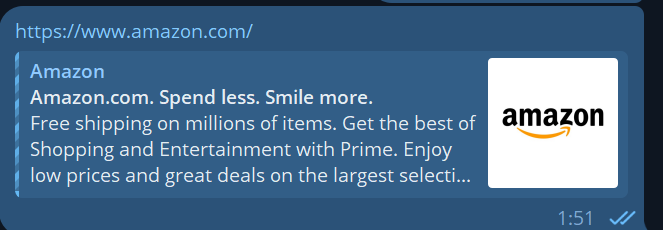 Small preview card of amazon.com in Telegram: text and a small logo, no large image