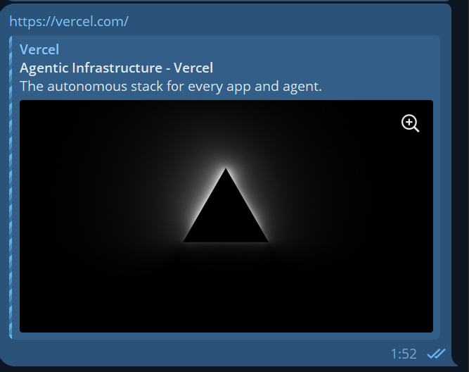 Rich preview card of vercel.com in Telegram: large image, title and description