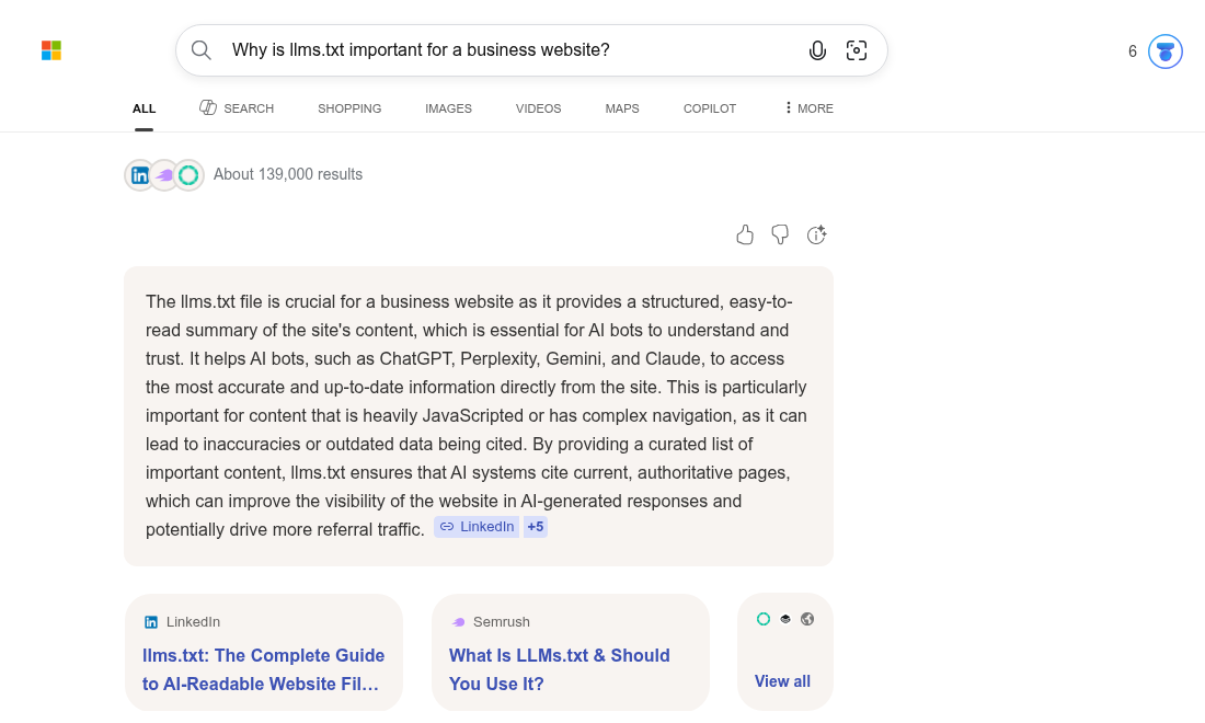 AI search answer explaining why llms.txt is important for a business website, with cited sources