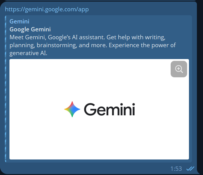 Rich preview card of gemini.google.com in Telegram: large image, title and description